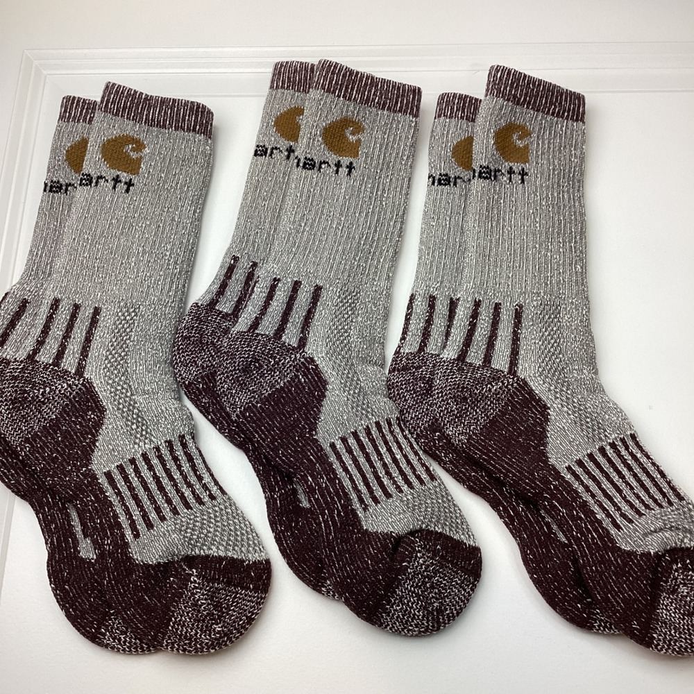 Carhartt Mens 3 Pair Crew Socks Grey Burgundy Marled Work Heavy Duty Logo